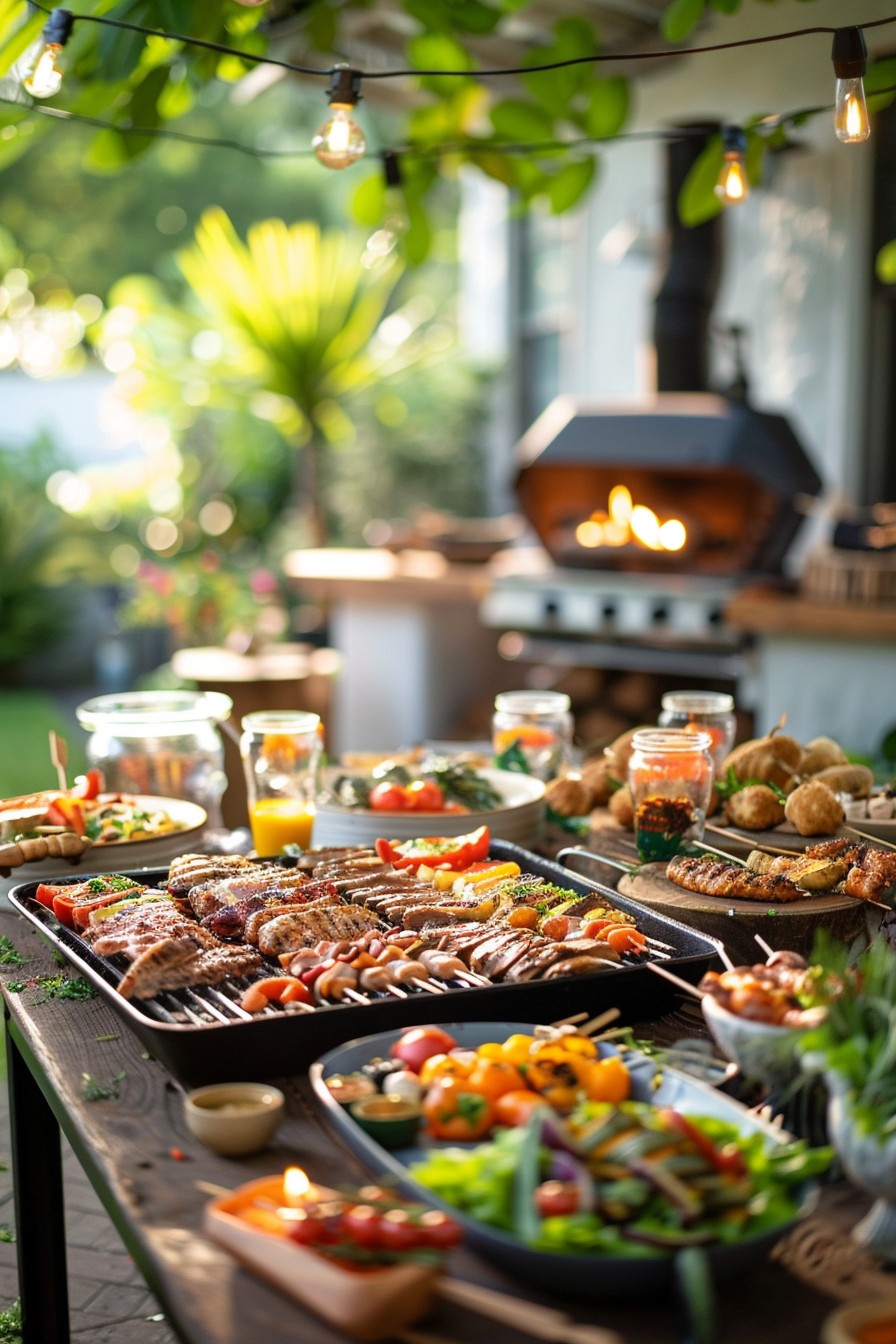 Outdoor barbecue setting with variety of grilled meats and vegetables on a table, festive lights and a grill in the background.