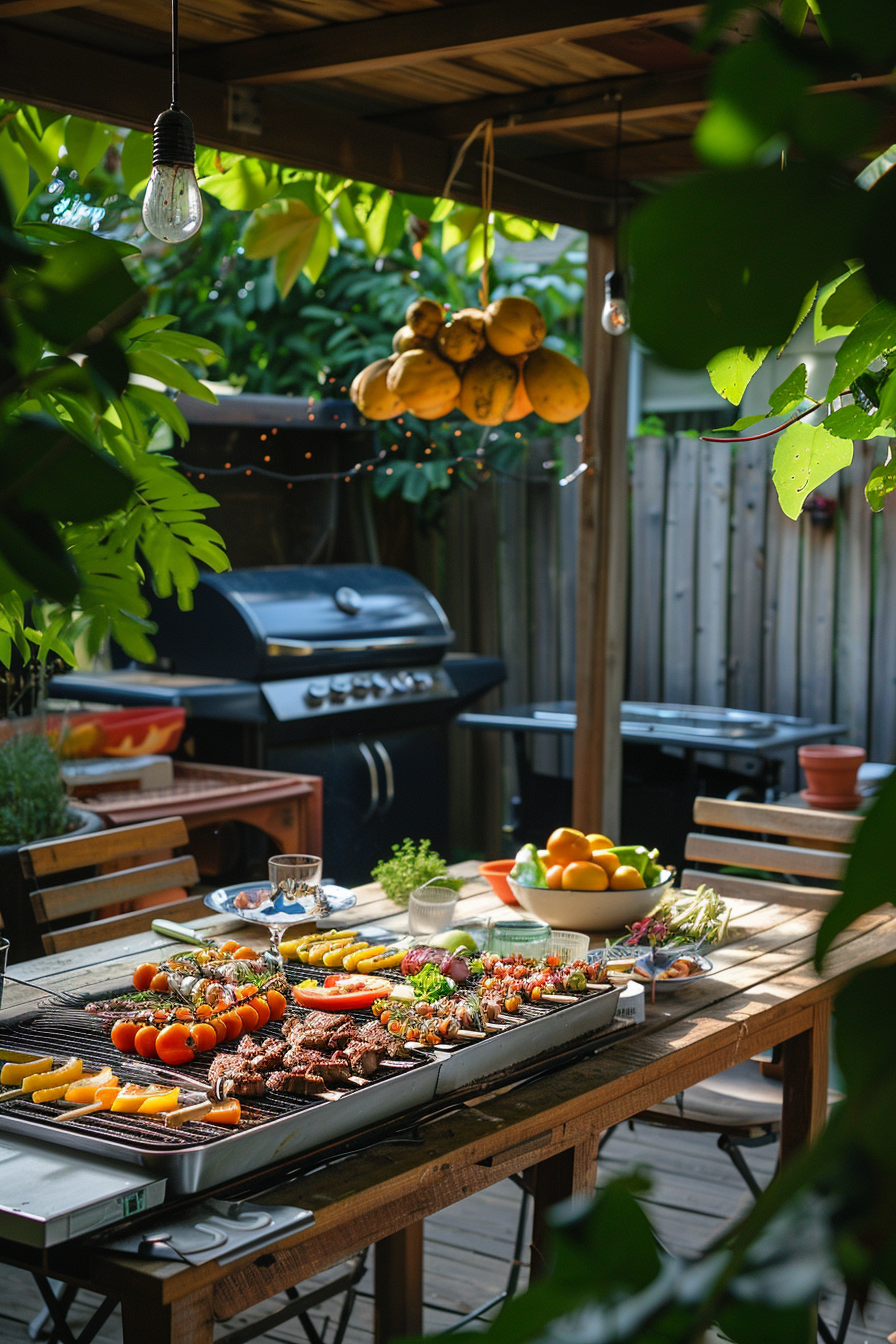 An outdoor barbecue setup with meats and vegetables on the grill, surrounded by lush greenery and a hanging bunch of bananas.