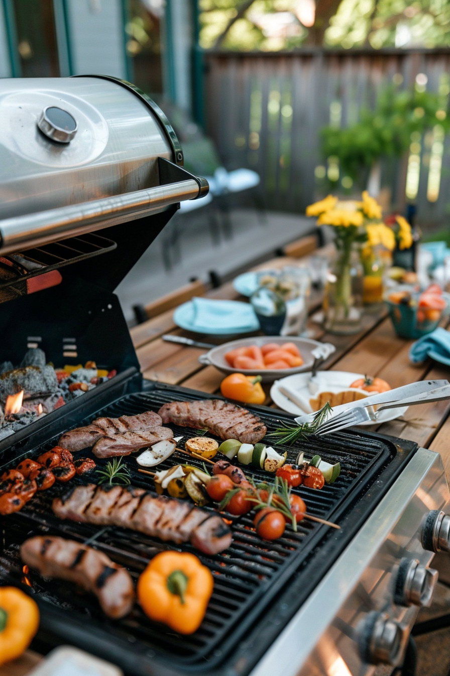 A barbecue grill with steaks, skewers of vegetables, and peppers cooking, with a garnished dining table in the background.
