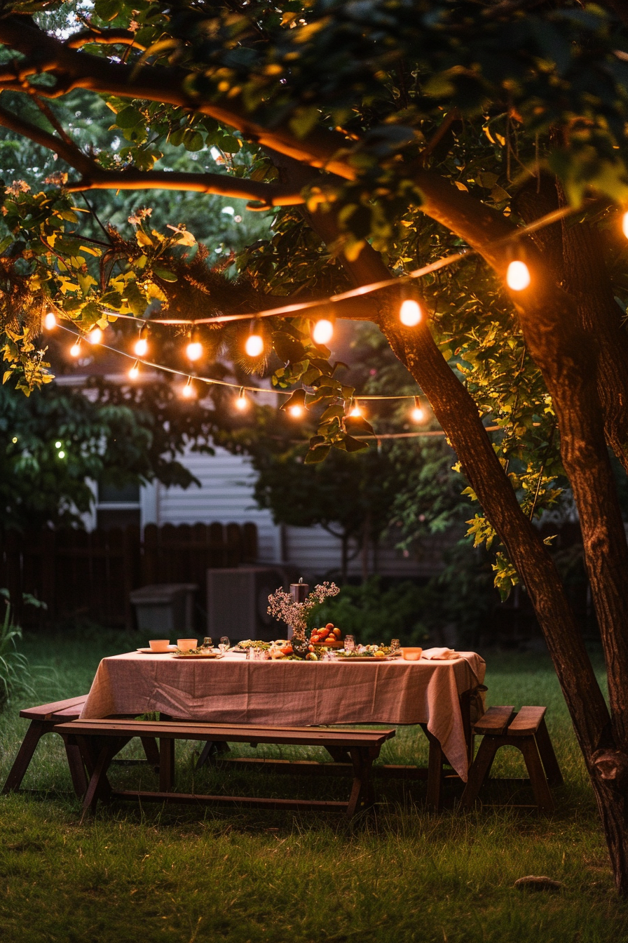 Outdoor evening setting with a table set for a meal under string lights among trees.