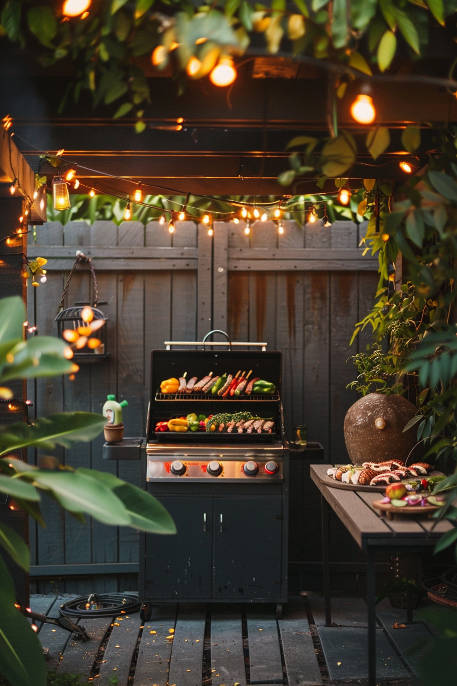 A cozy outdoor grilling area with string lights, a barbecue full of vegetables and meat, and a table with food.