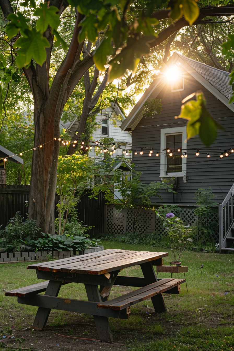 A serene backyard at sunset with a wooden picnic table, string lights, lush trees, and a cozy house in the background.
