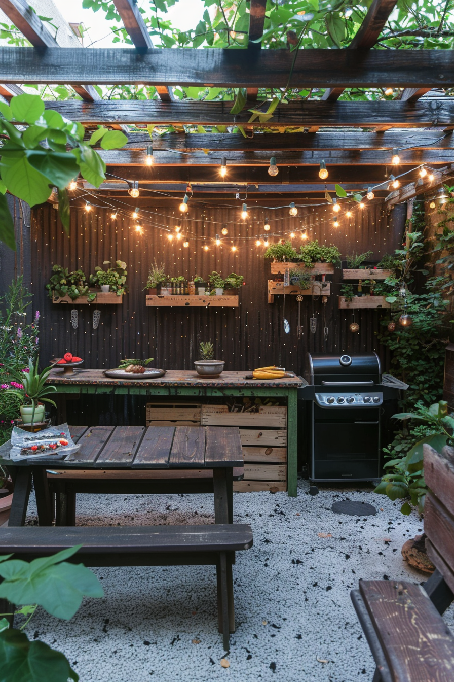 Cozy outdoor patio area with string lights, wooden furniture, potted plants, and a barbecue grill.