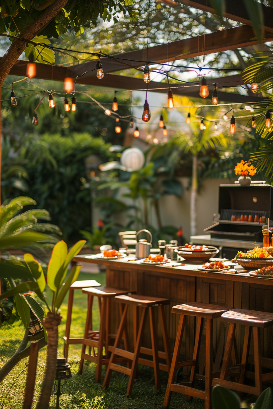 Outdoor garden party setup with string lights, a wooden bar, bar stools, and a table with food under the shade of trees.