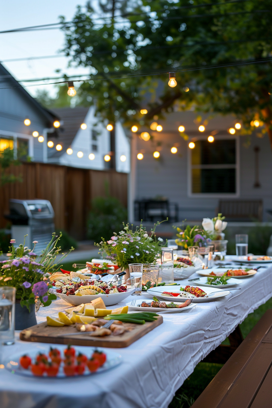 Outdoor dinner table set with food and lights, in a backyard during twilight.