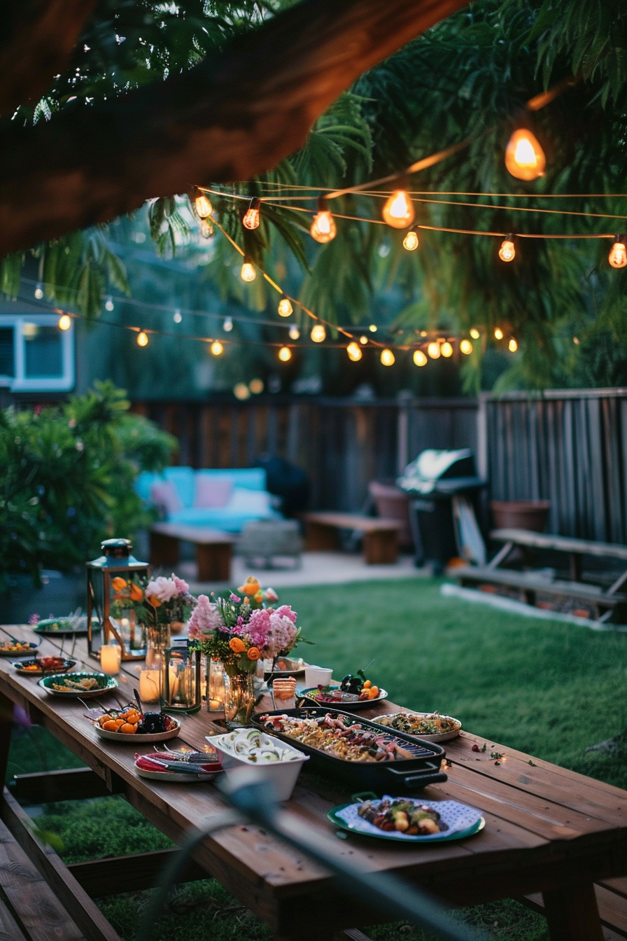 Cozy evening garden party setting with a table full of food, lit by string lights, with a lawn and plants in the background.
