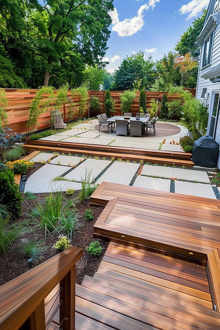 Elegant backyard with a wooden deck, stepping stones, patio furniture, surrounded by lush greenery and a privacy fence.