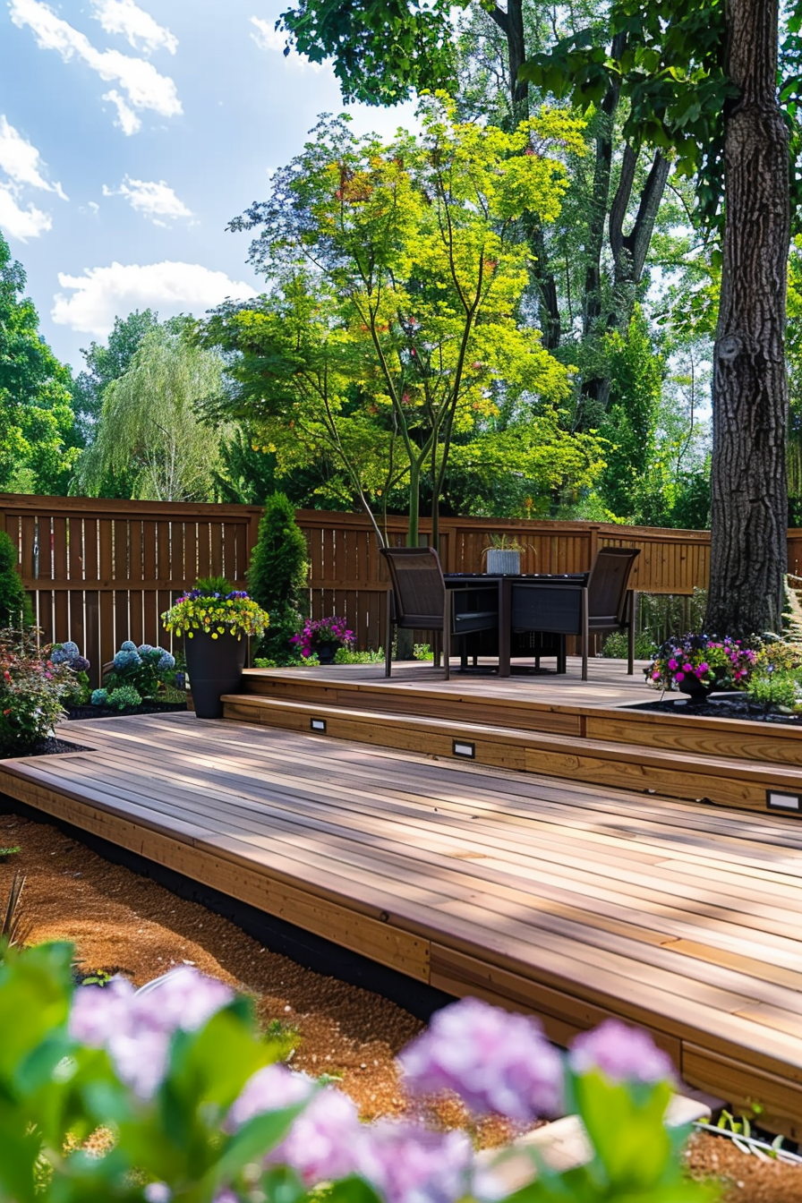 Wooden deck with patio furniture surrounded by lush greenery and flowers under a clear blue sky.