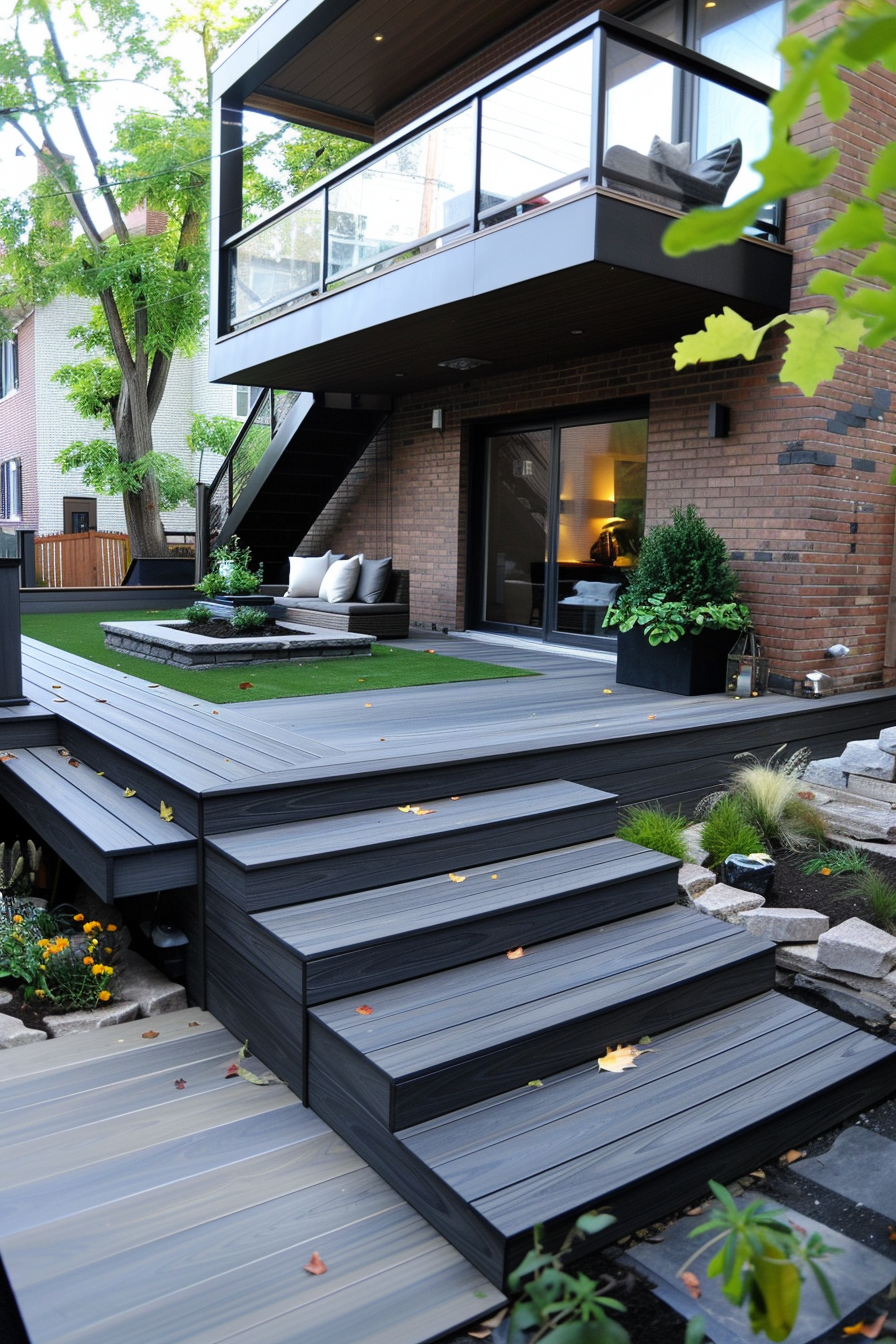 Modern backyard with dark wood decking and steps, outdoor furniture, and upper balcony with a glass railing.