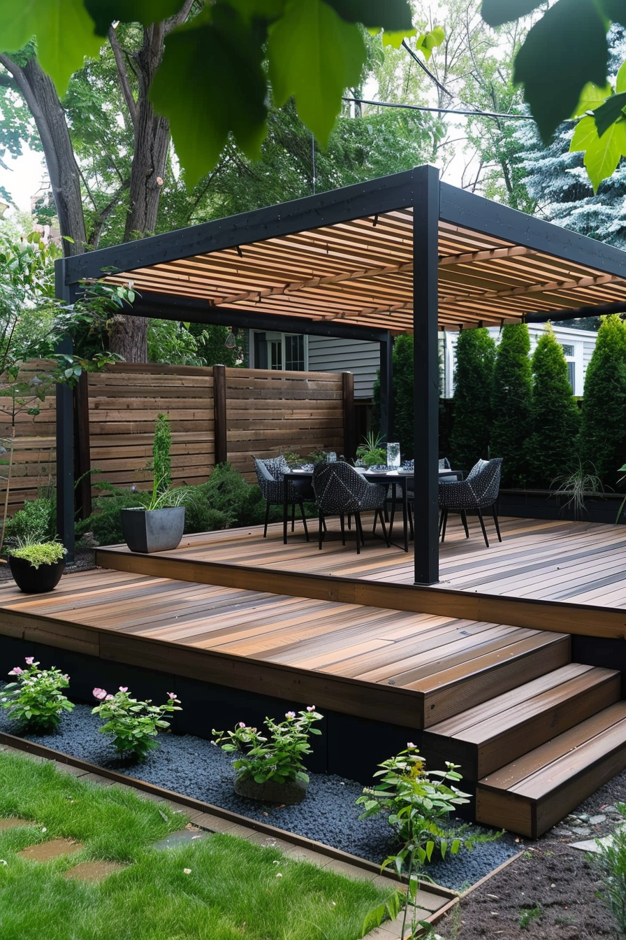 A modern backyard patio with wooden decking, pergola, outdoor dining furniture, and surrounding greenery.