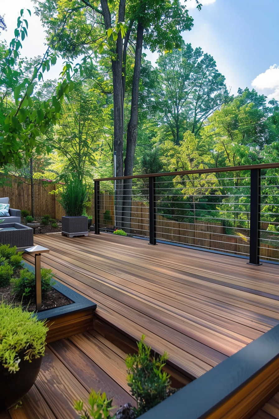 Wooden deck patio with modern furniture, surrounded by lush greenery and trees, and a wire railing system.