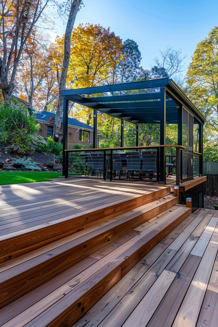 ALT: Wooden deck steps lead to a screened porch with a black metal roof amidst autumn trees in a residential backyard.