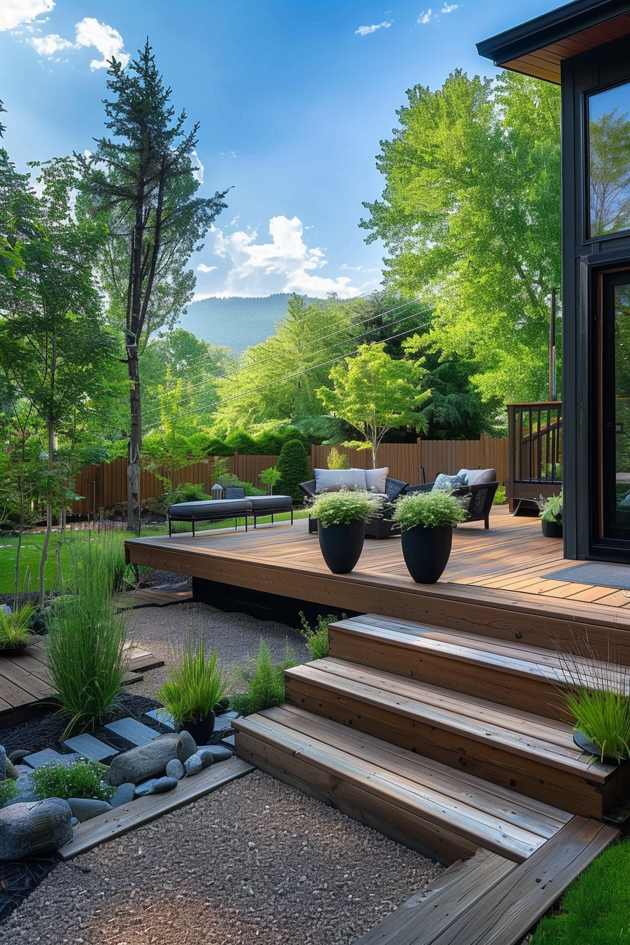 "Modern backyard with wooden decking, stairs, potted plants, and furniture set against lush trees and a blue sky."