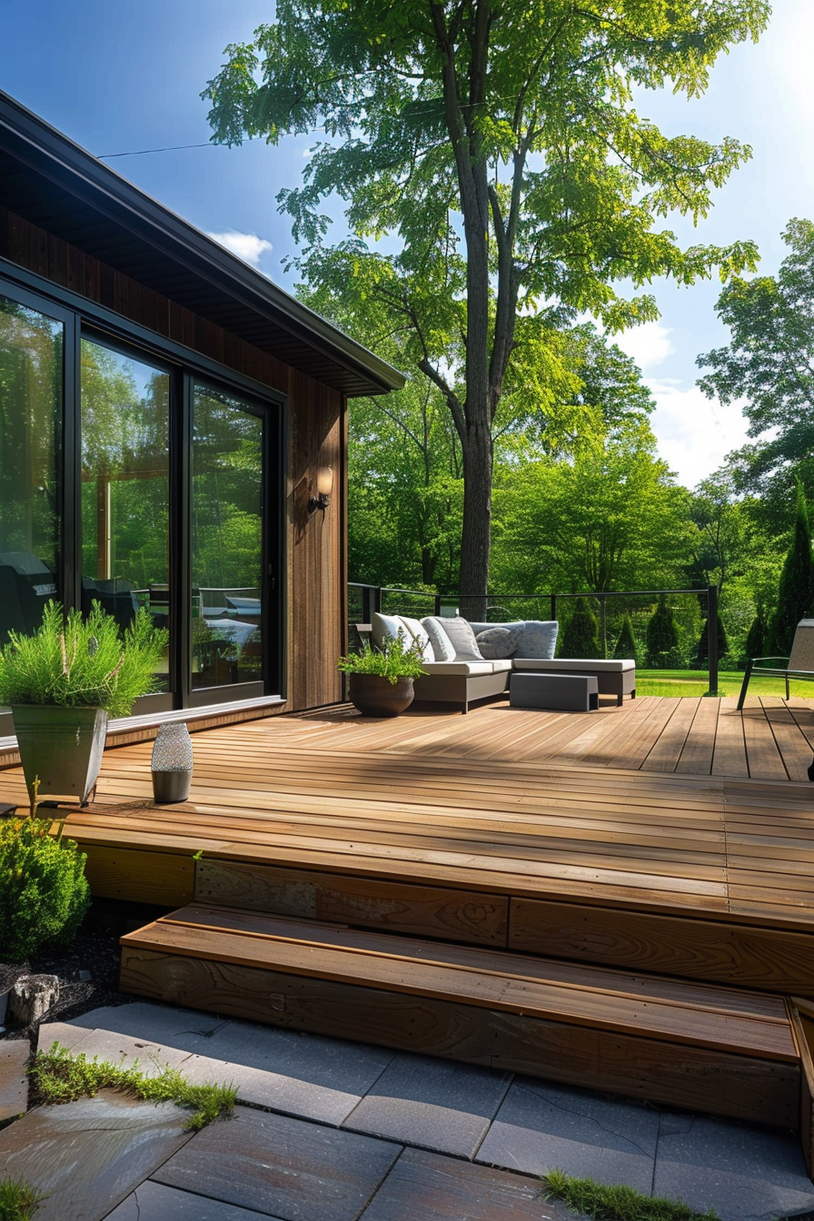 Modern house deck with wooden steps, outdoor furniture, and greenery on a sunny day.