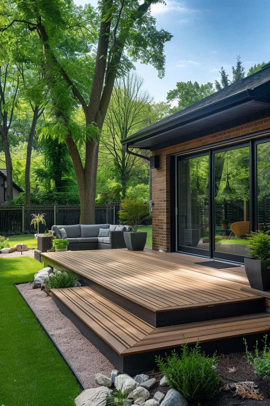 Modern backyard with wooden deck, outdoor furniture, and lush greenery surrounding a brick house.