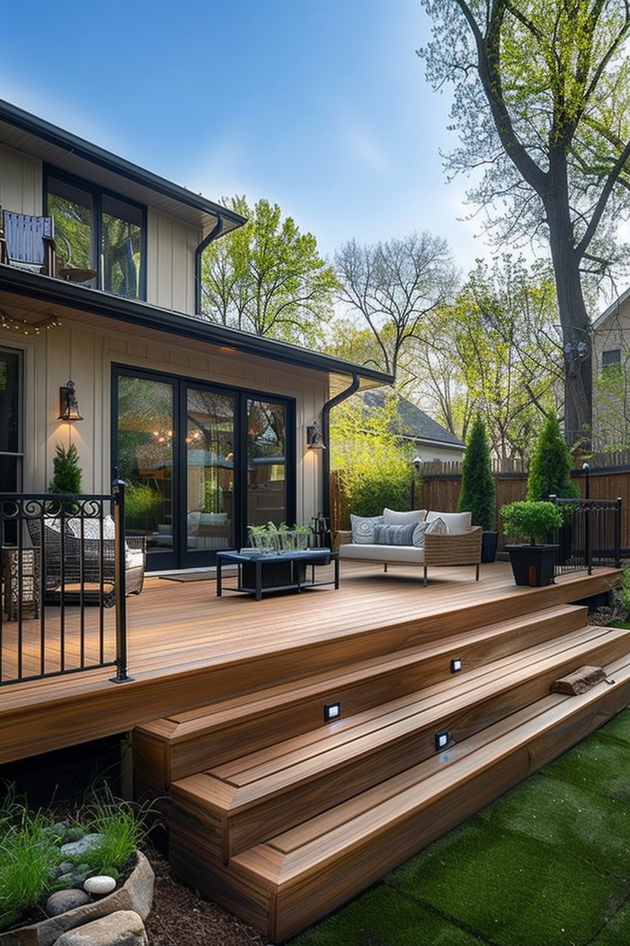 A modern house with a spacious wooden deck featuring outdoor furniture and surrounded by green trees.