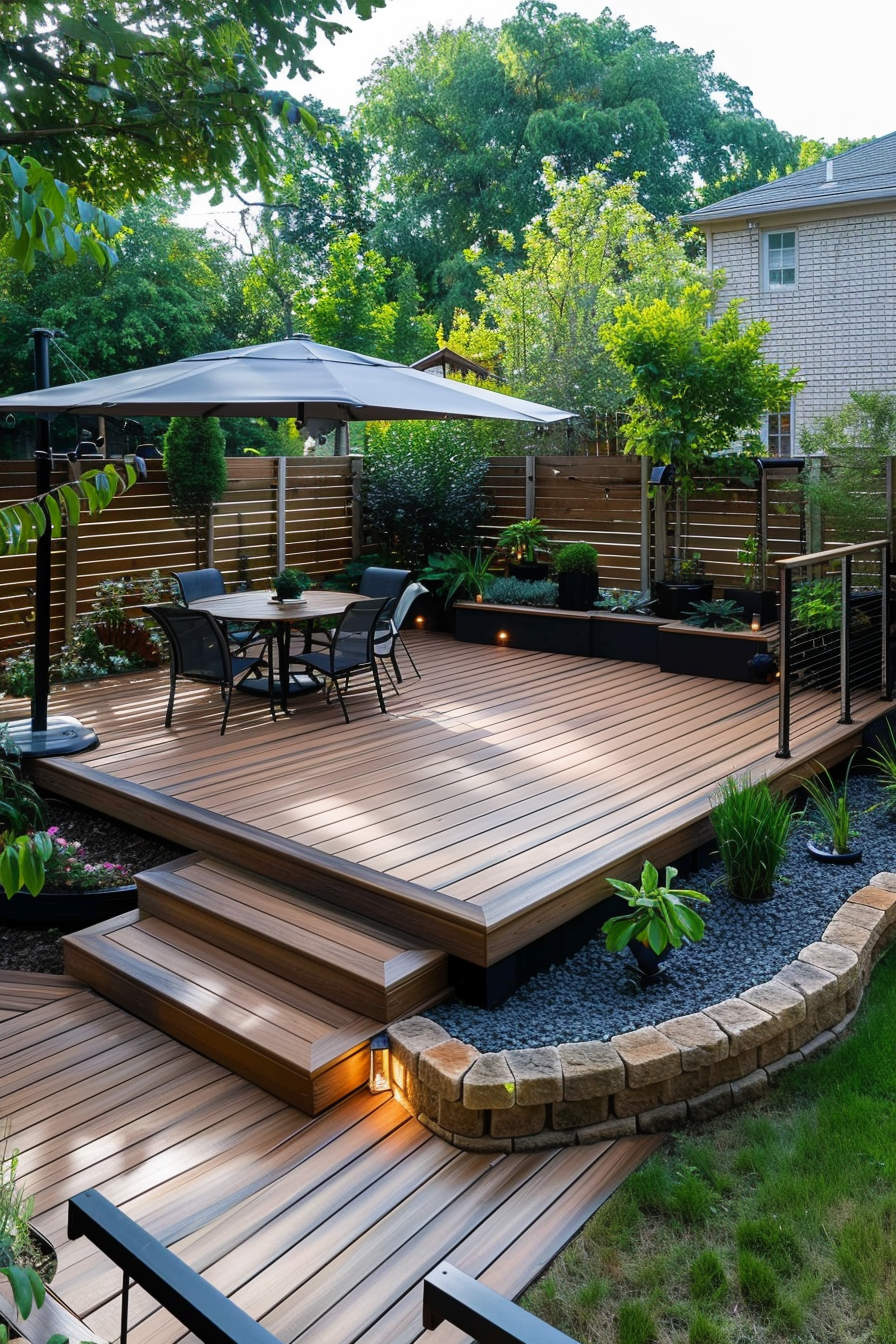 Wooden deck with patio furniture and umbrella, surrounded by lush greenery, stone accents, and outdoor lighting.