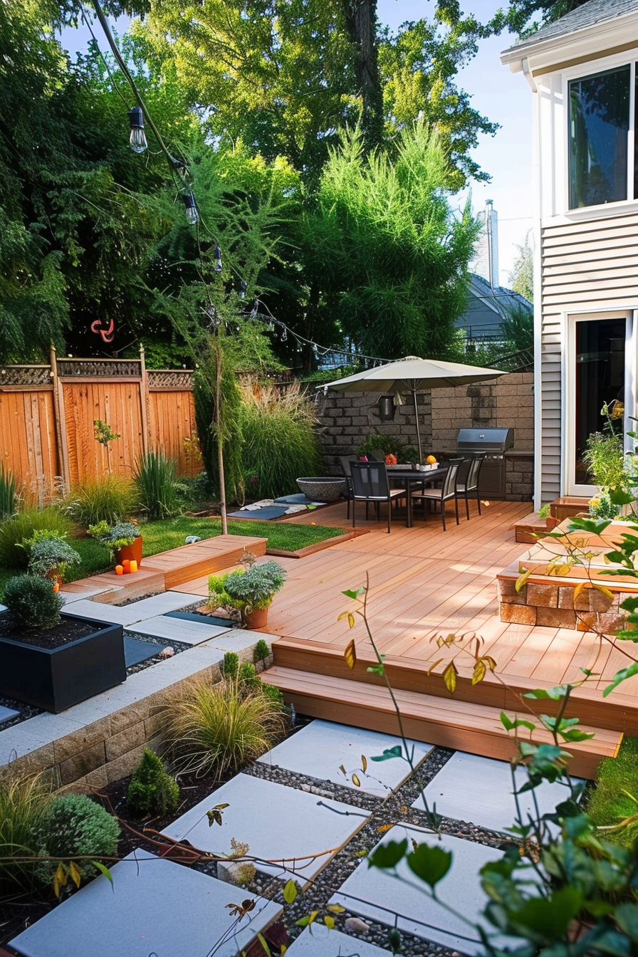 A well-manicured backyard with a wooden deck, dining furniture under an umbrella, string lights, and surrounding greenery.