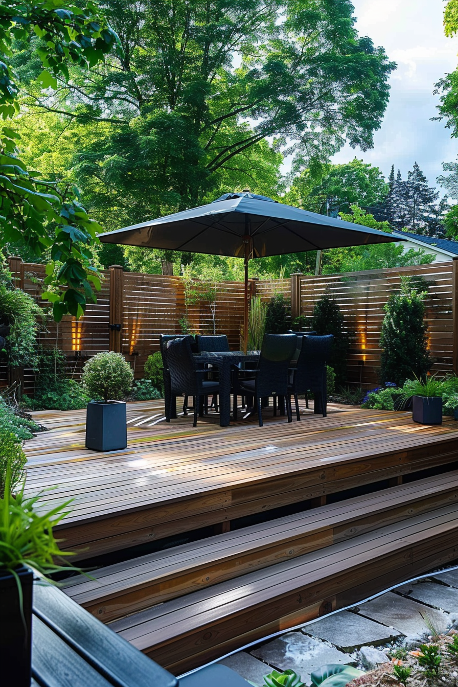 Outdoor wooden deck with dining furniture under an umbrella, surrounded by greenery and privacy fencing with soft lighting.