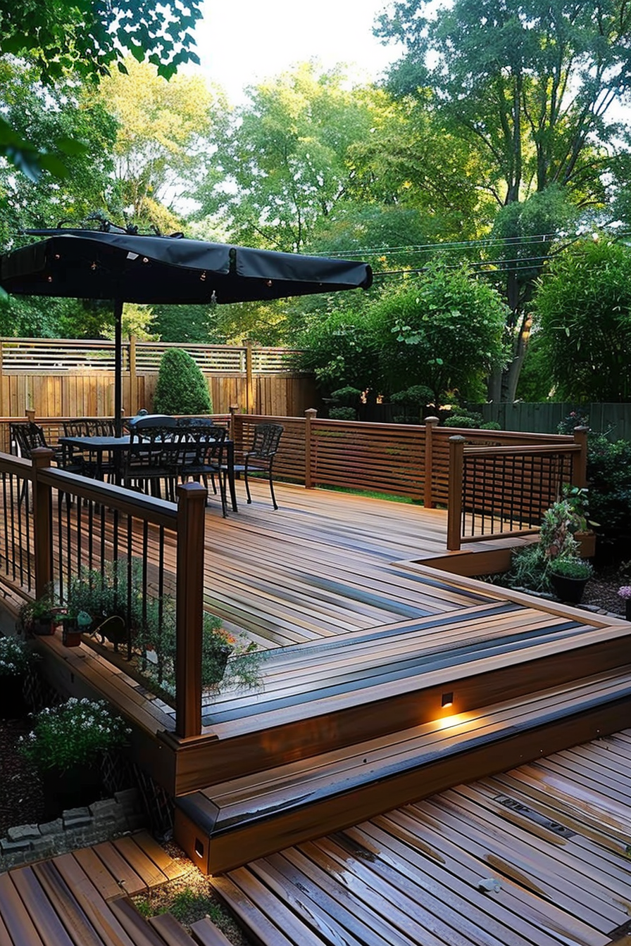 Wooden deck with built-in lighting, outdoor furniture under an umbrella, surrounded by lush greenery and fencing.