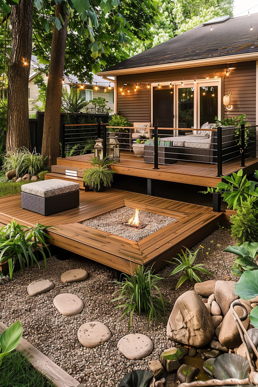 Cozy backyard patio with decking, fire pit, modern furniture, string lights, and lush greenery.