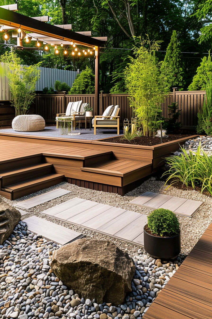 Modern backyard patio with wooden deck, outdoor furniture, string lights, greenery, and decorative gravel.