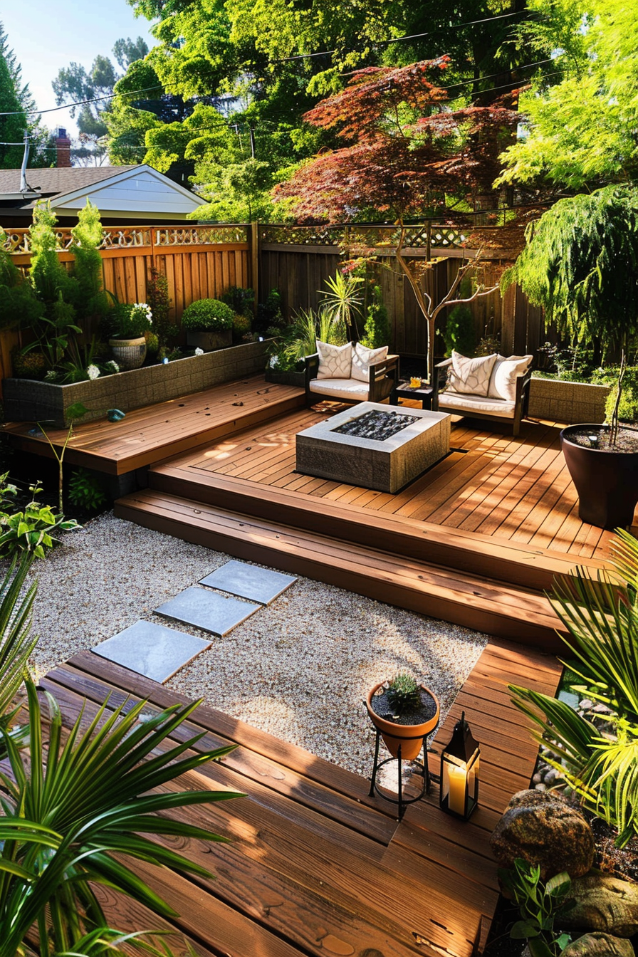Cozy backyard with wooden deck, modern outdoor furniture, lush plants, and decorative gravel path.