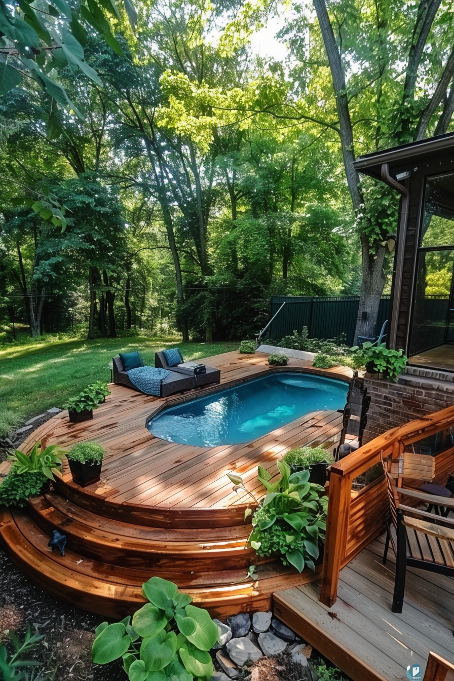 ALT Text: "An inviting backyard oasis featuring a small kidney-shaped pool surrounded by a wooden deck with loungers, lush green foliage, and trees."