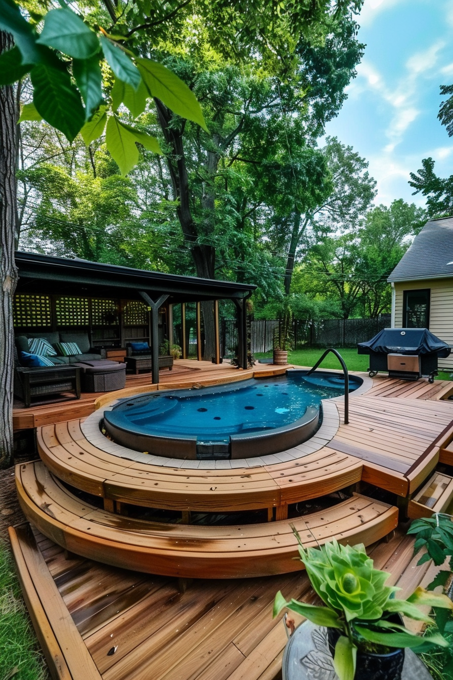 ALT: An inviting backyard with a round hot tub integrated into a multi-level wooden deck, surrounded by trees and a gazebo with outdoor furniture.