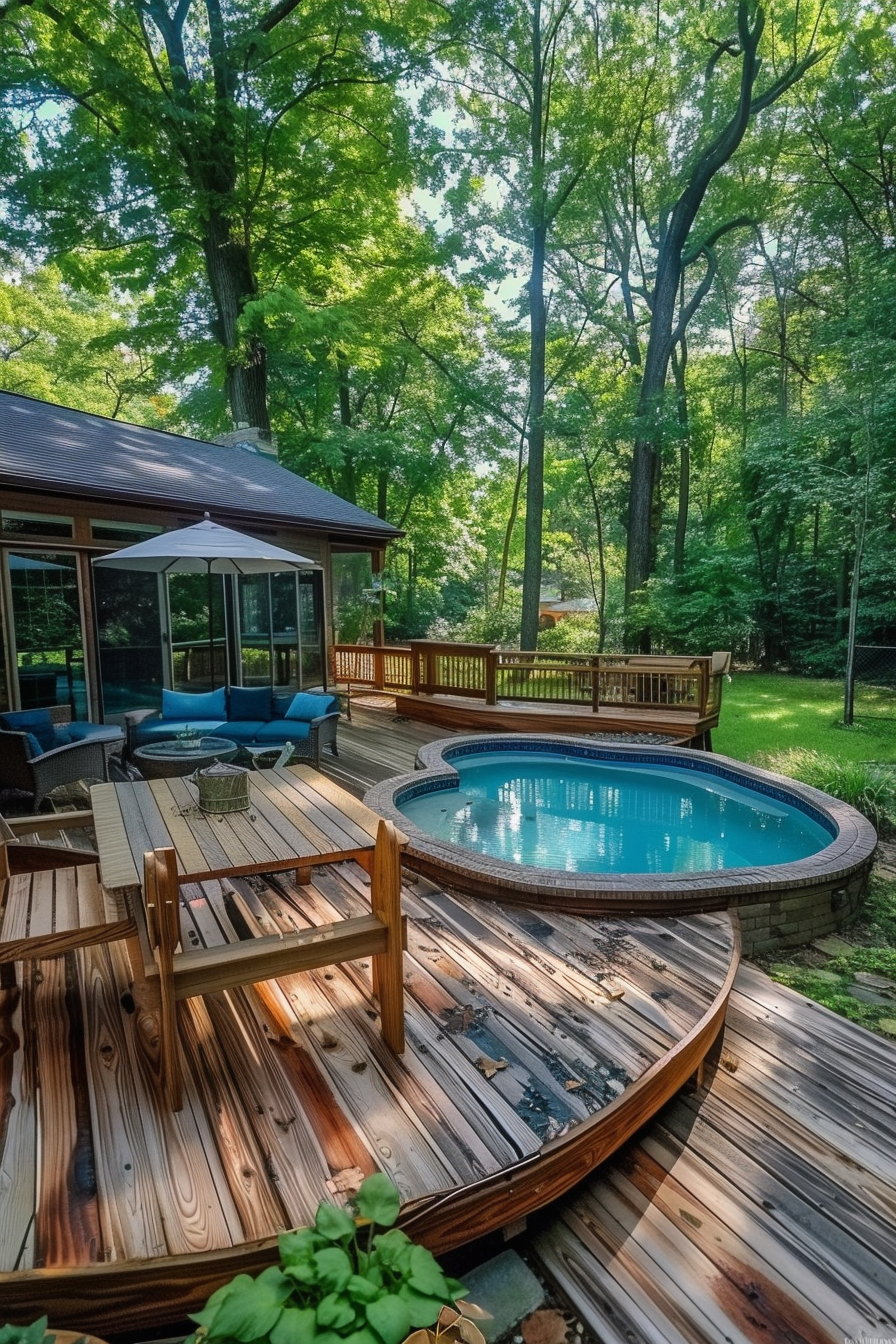 Wooden deck with a kidney-shaped pool, outdoor furniture, and a screened patio surrounded by lush greenery.