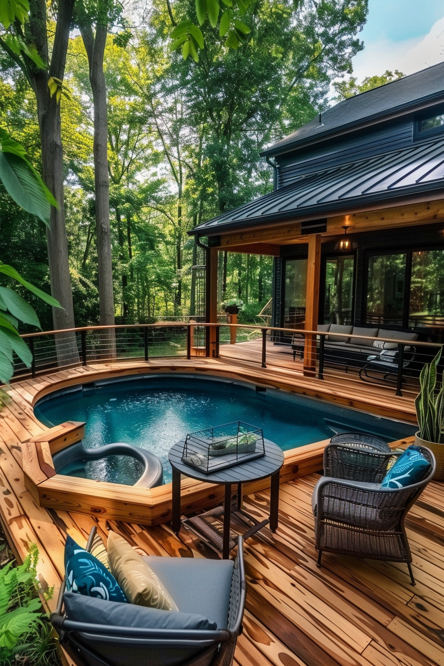 Elegant wooden deck with a round pool and hot tub surrounded by trees, attached to a modern house with large windows.