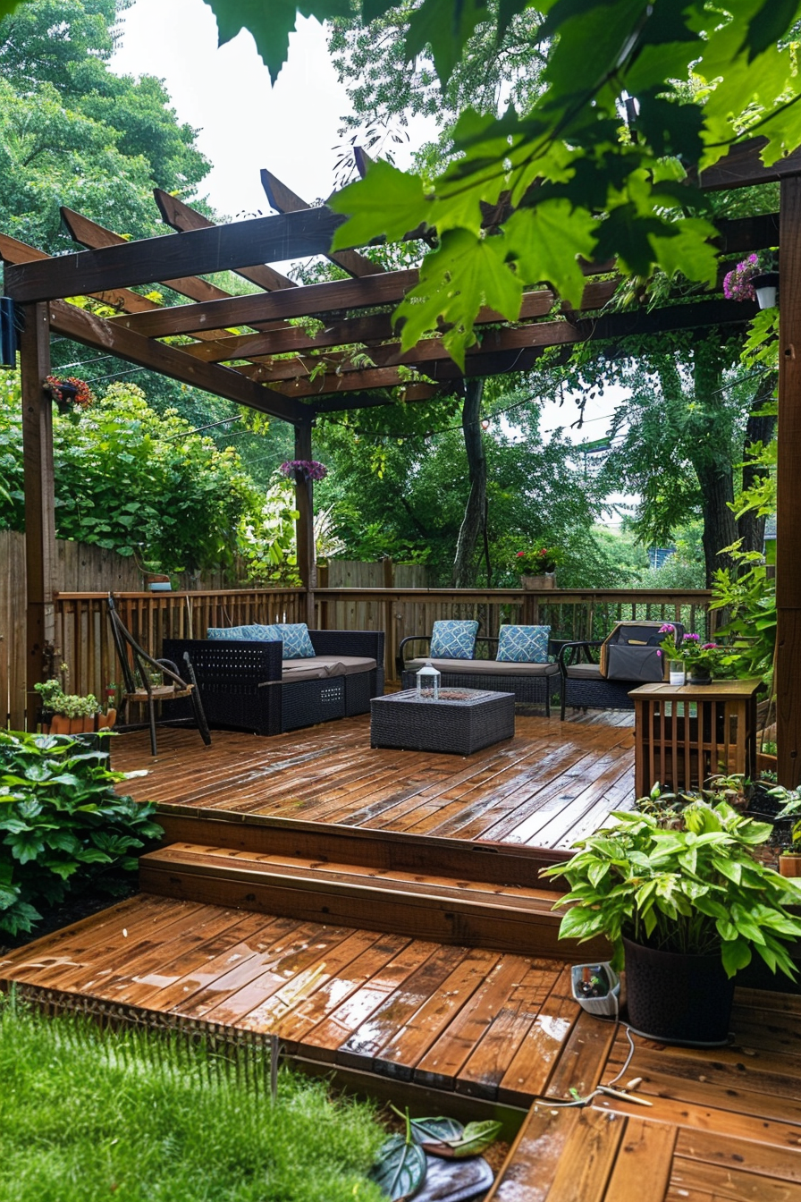 Cozy wooden deck with outdoor furniture surrounded by greenery and a pergola above, after the rain.