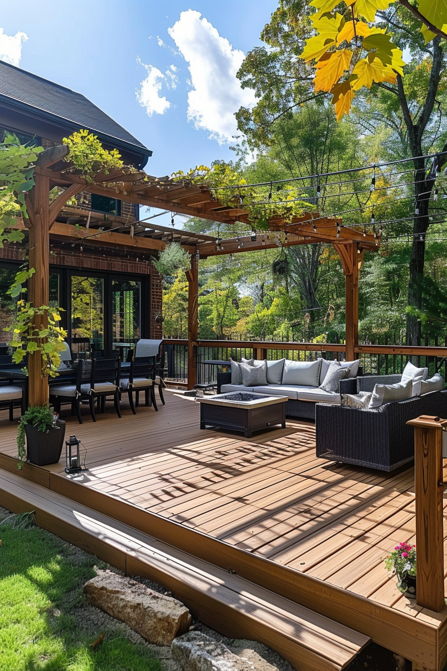 A wooden deck with outdoor furniture under a pergola, string lights above, surrounded by trees and a clear blue sky.