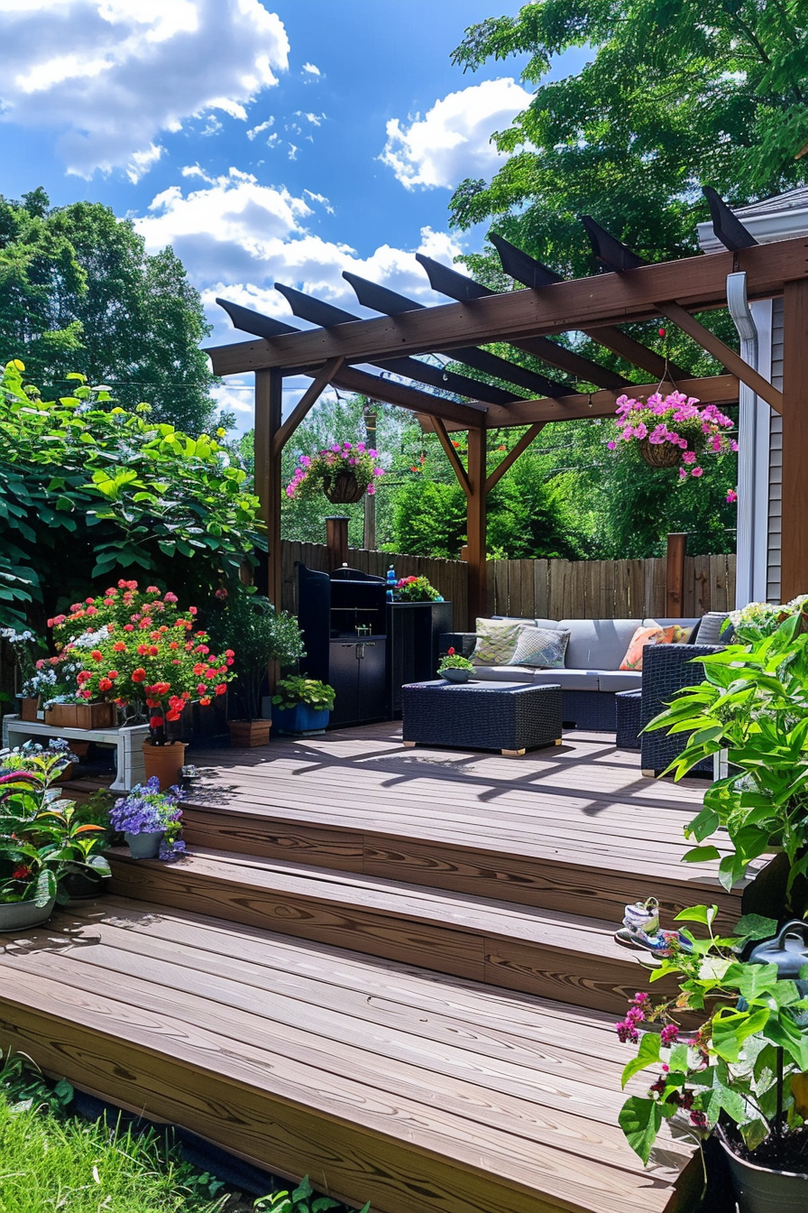 A cozy backyard wooden deck with patio furniture, flowering plants, and a pergola on a sunny day.
