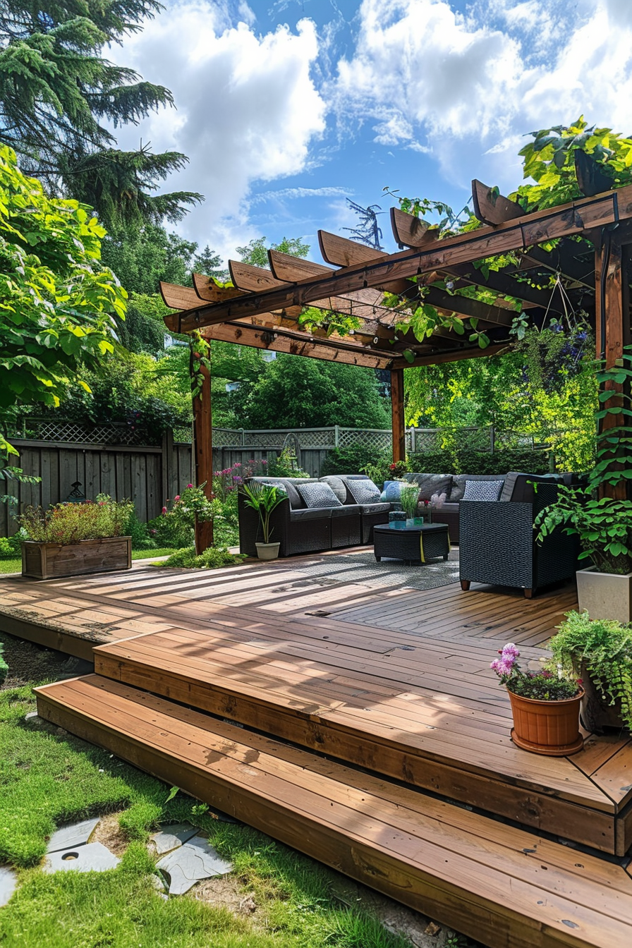 An inviting outdoor wooden deck with a pergola, comfortable furniture, potted plants, and lush greenery under a sunny sky.