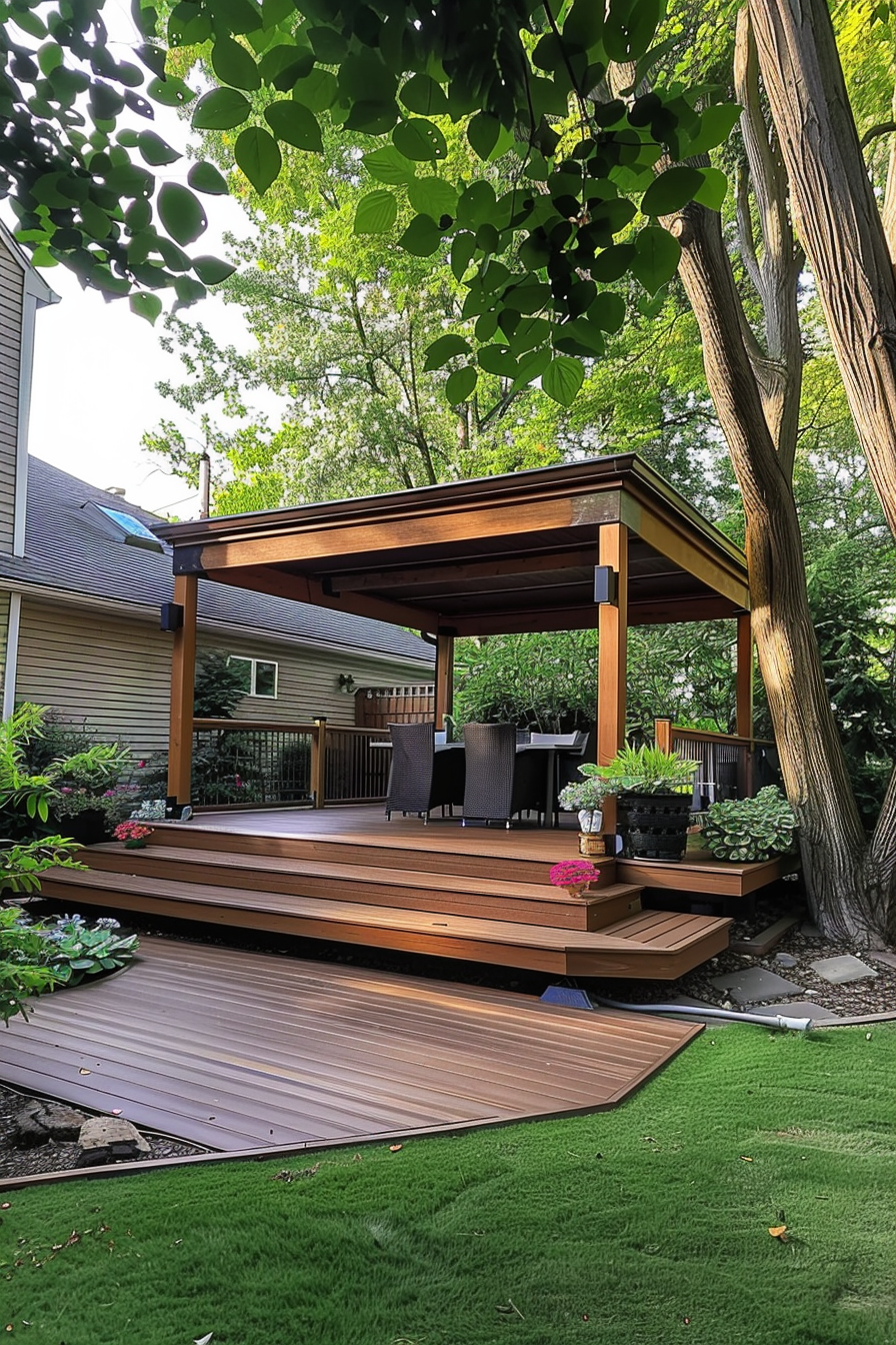ALT: A wooden deck with a pergola surrounded by lush greenery and trees, featuring steps, outdoor furniture, and decorative plants.