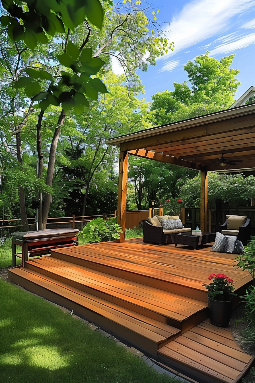 Wooden backyard deck with comfortable seating under a pergola, surrounded by lush greenery on a sunny day.