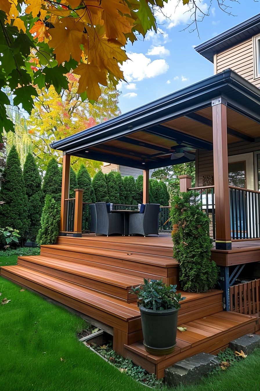 Wooden deck with steps and a covered seating area, surrounded by greenery and autumn leaves, against a clear sky.