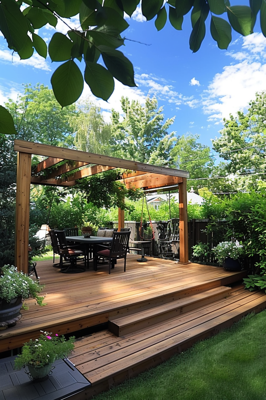 Wooden deck patio with pergola, outdoor furniture, and lush greenery in a backyard on a sunny day.