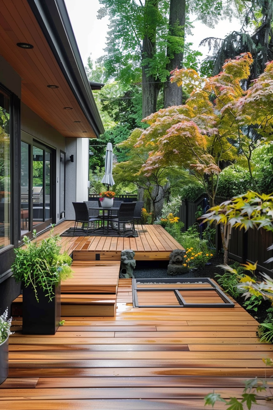 Wooden deck with outdoor seating surrounded by lush greenery and maple trees outside a modern house.