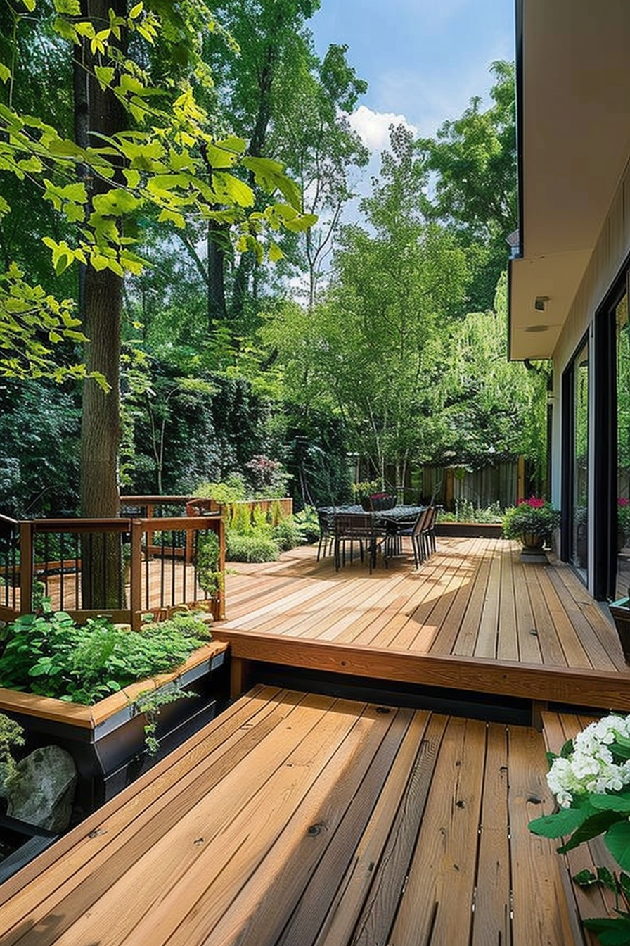 A wooden deck with built-in planters extends from a house into a lush backyard with trees and outdoor dining furniture.
