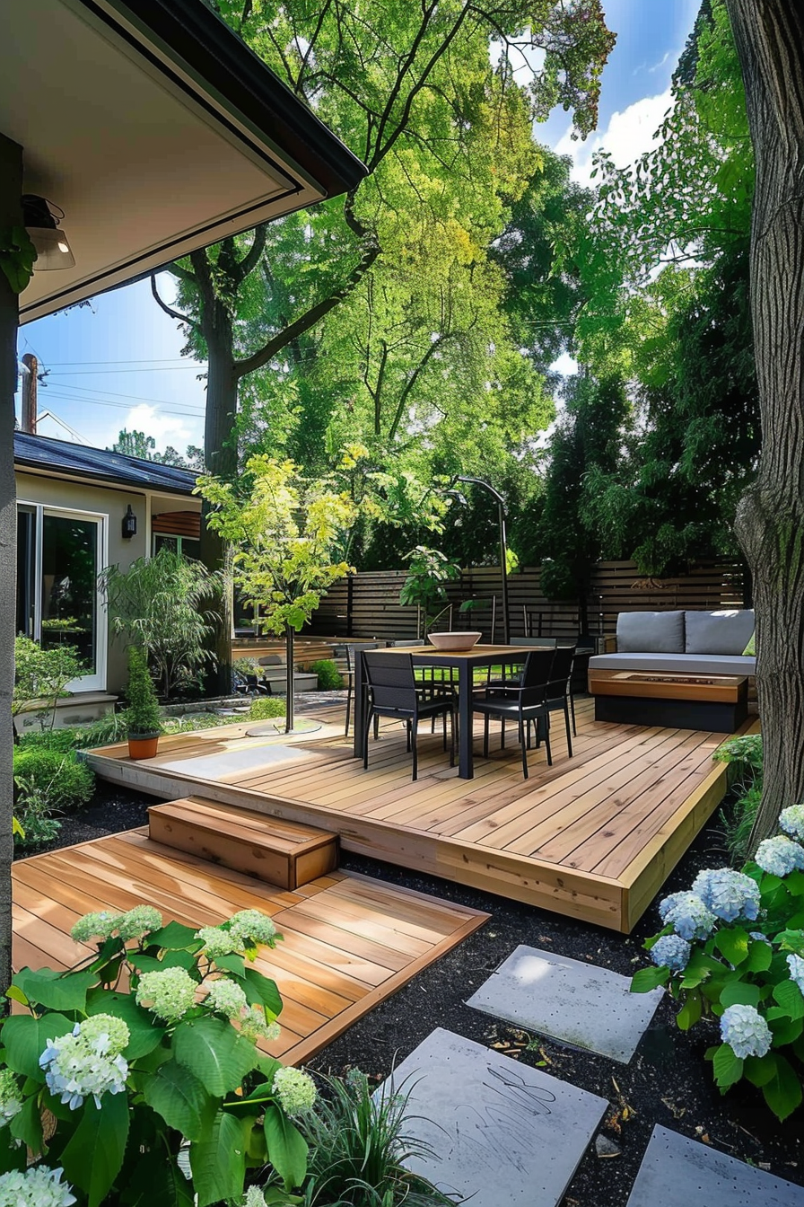 Modern backyard with wooden deck, outdoor seating area, lush green trees, and blooming hydrangeas under sunny sky.