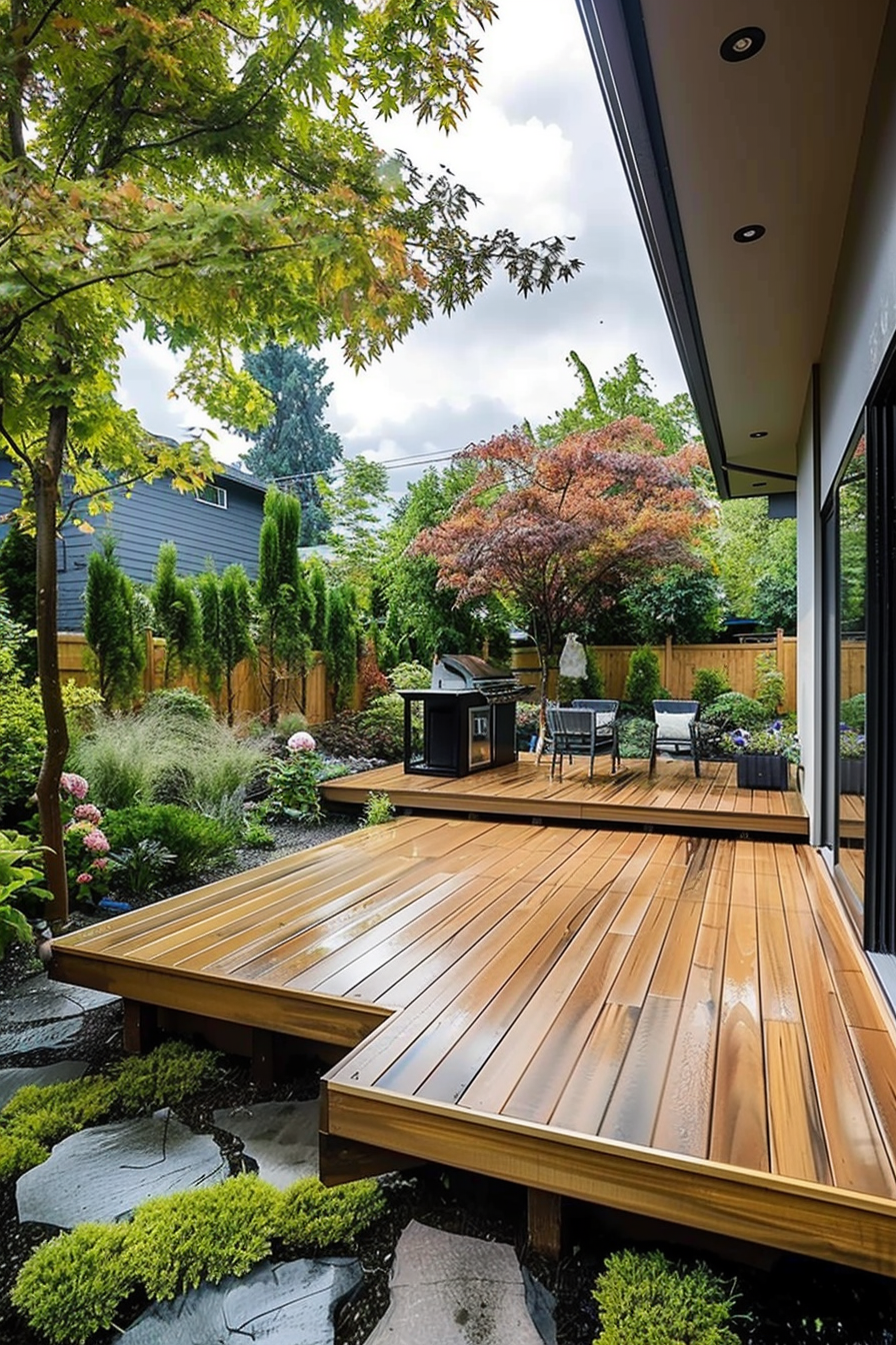 ALT: A well-maintained wooden deck extends from a modern house into a lush garden with trees, plants, and a grill area under a cloudy sky.