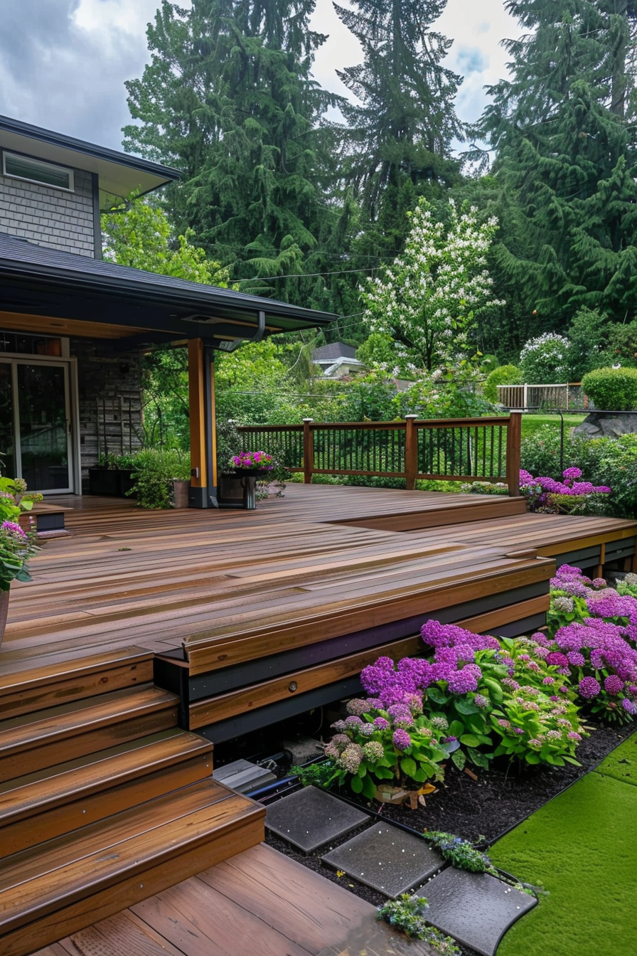 Wooden deck with steps surrounded by purple flowers, overlooking a garden with trees, on an overcast day.