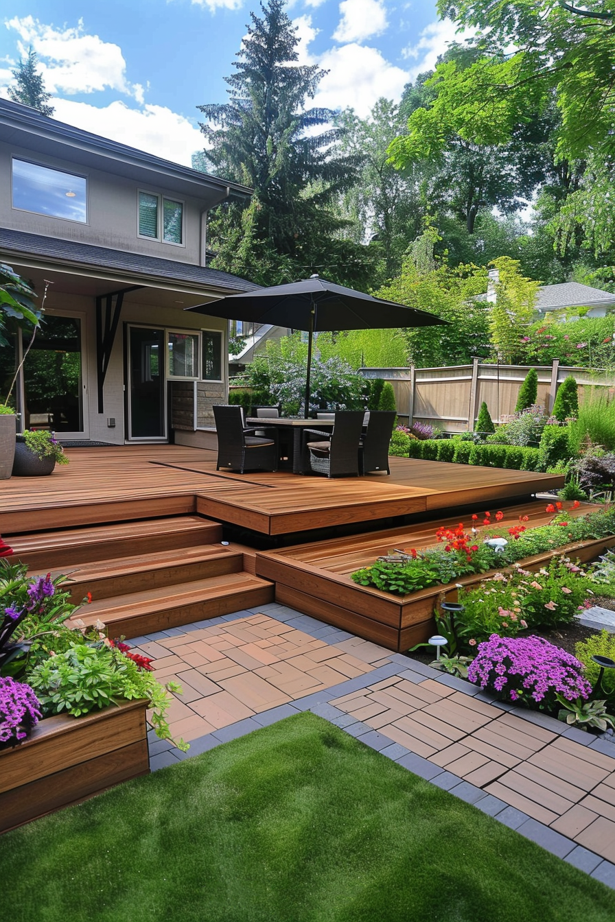 Modern backyard with wooden deck, patio furniture under an umbrella, landscaped garden, and a two-story house.