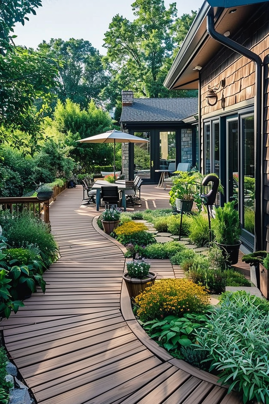 A curved wooden deck winds through a lush garden adjacent to a house with outdoor seating and an umbrella.