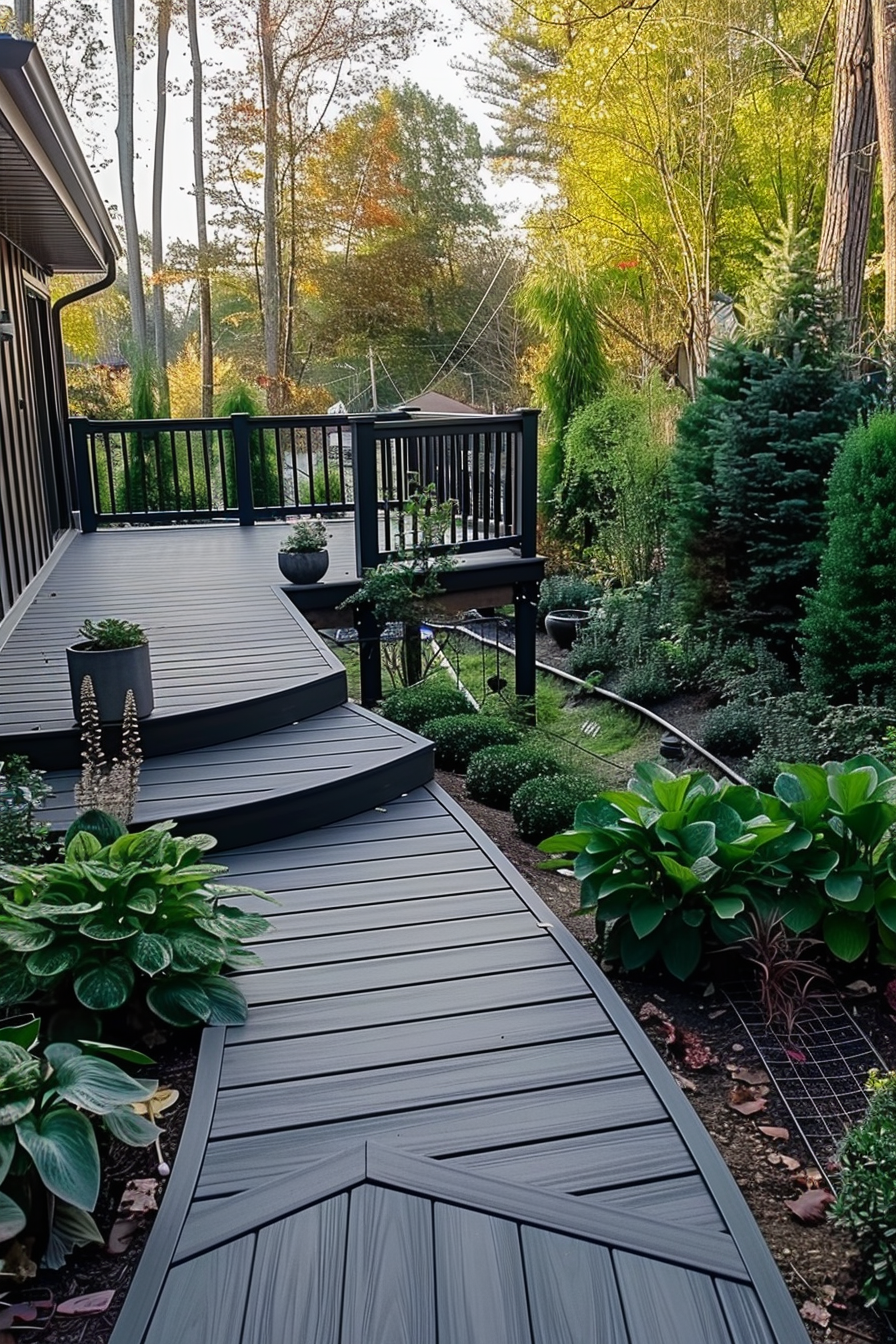 ALT: A well-maintained garden pathway leading to a deck with potted plants and surrounded by lush greenery and trees in a residential area.