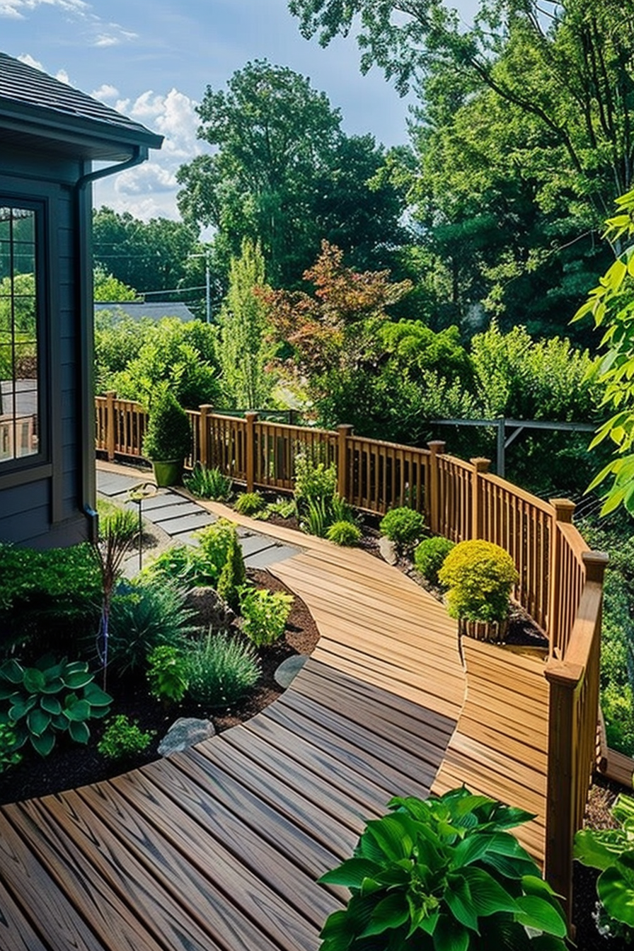 ALT text: Curved wooden walkway with railing leads through a lush garden with varied greenery and flowers, suggesting a tranquil outdoor space.