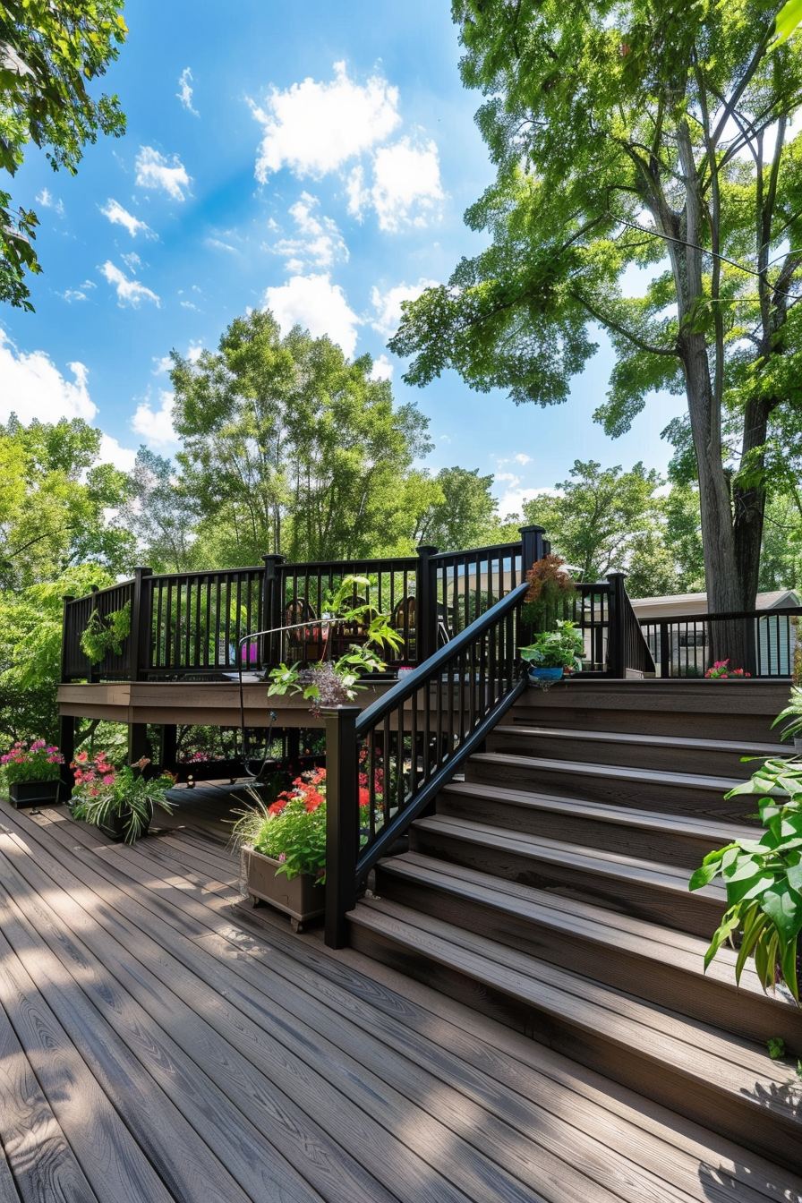 A wooden deck with black railings surrounded by greenery and flowering plants under a blue sky with fluffy clouds.