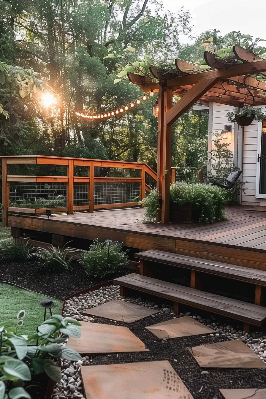 Wooden deck and pergola with string lights at sunset, surrounded by greenery and stepping stone path.